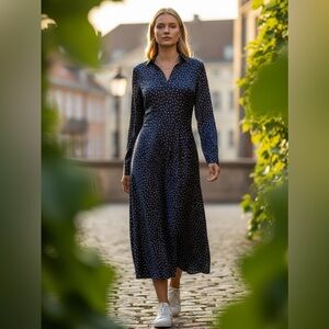 NWT Loft Satin Navy Blue Polka Dot Maxi Dress, slits at legs, size 6 petite